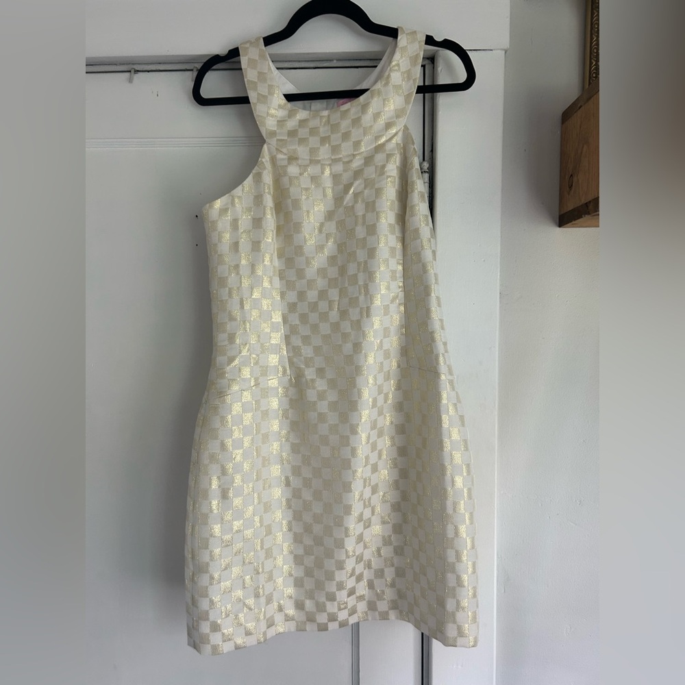 Lilly Pulitzer Jepson Shift Dress - Elegant Gold Checkered Women's Dress
